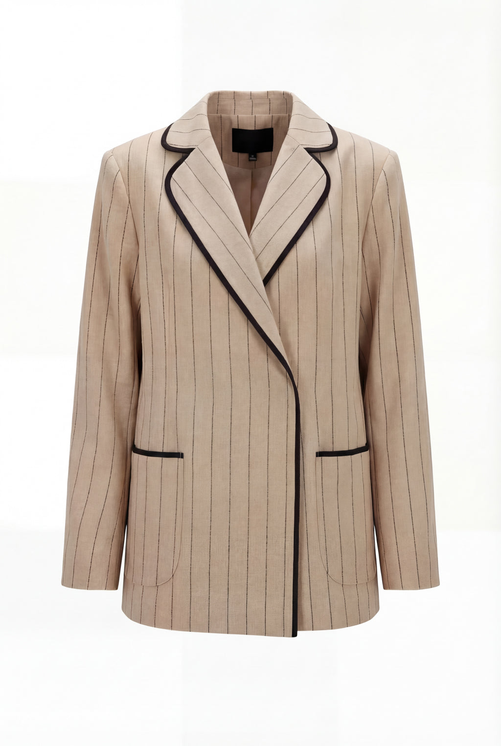 Beige pinstripe blazer with black trim on a white background