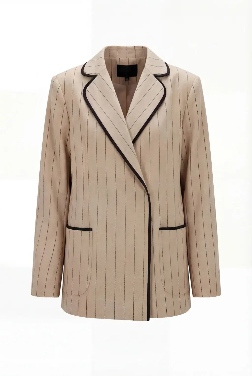 A beige pinstripe blazer with black piping trim on the lapels and pocket edges, displayed against a plain white background.