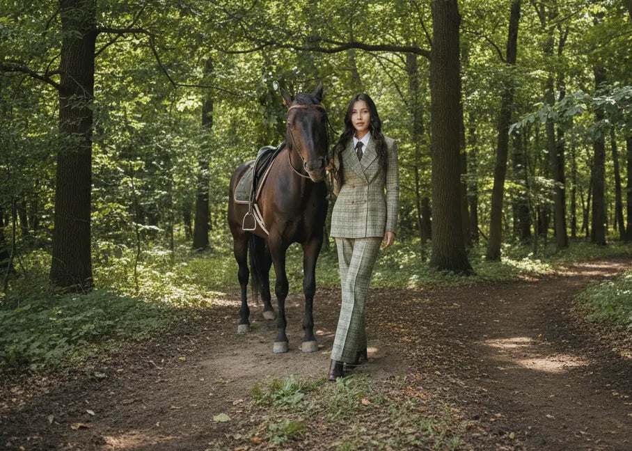 A woman in a tailored plaid suit walks beside a dark horse on a forest path, surrounded by trees and dappled sunlight.