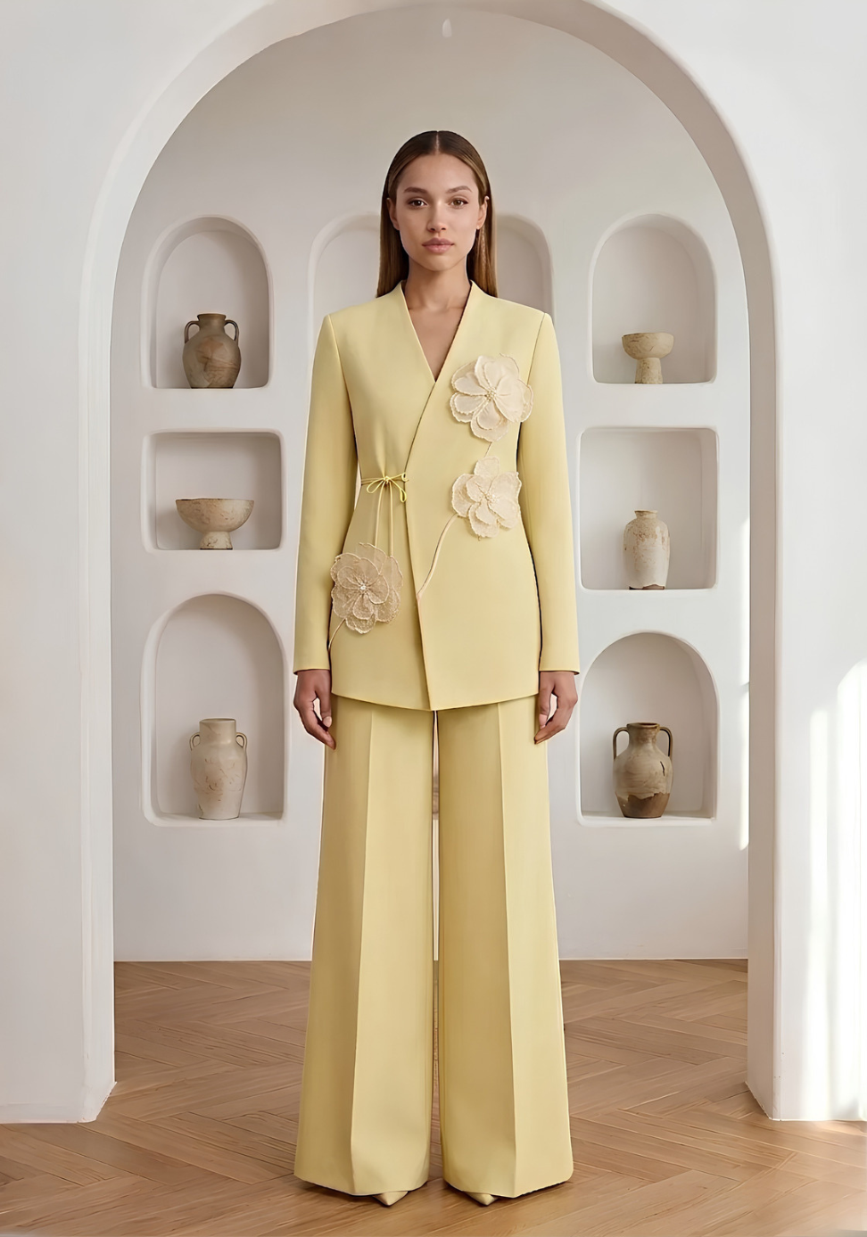 A model stands in a bright, minimalist room with arched alcoves and ceramic vases, wearing a pale yellow tailored suit with large floral appliqué details on the jacket and matching wide-leg trousers.
