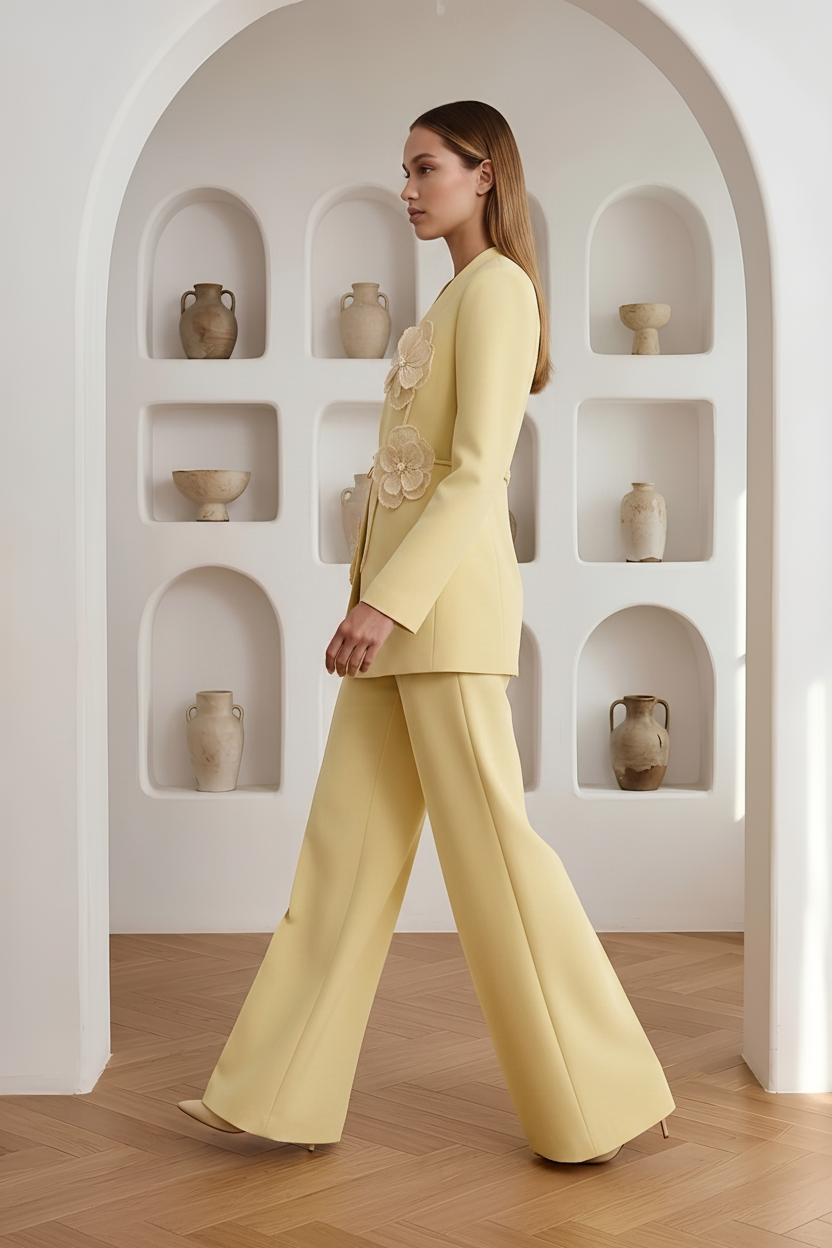 A model stands in a bright, minimalist room with arched alcoves and ceramic vases, wearing a pale yellow tailored suit with large floral appliqué details on the jacket and matching wide-leg trousers.