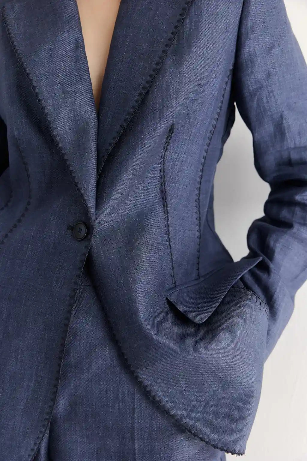 ayra store's beautiful women wearing luxury Air-Wash Indigo Linen Blazer | Denim-Effect Tailored Jacket & Pants