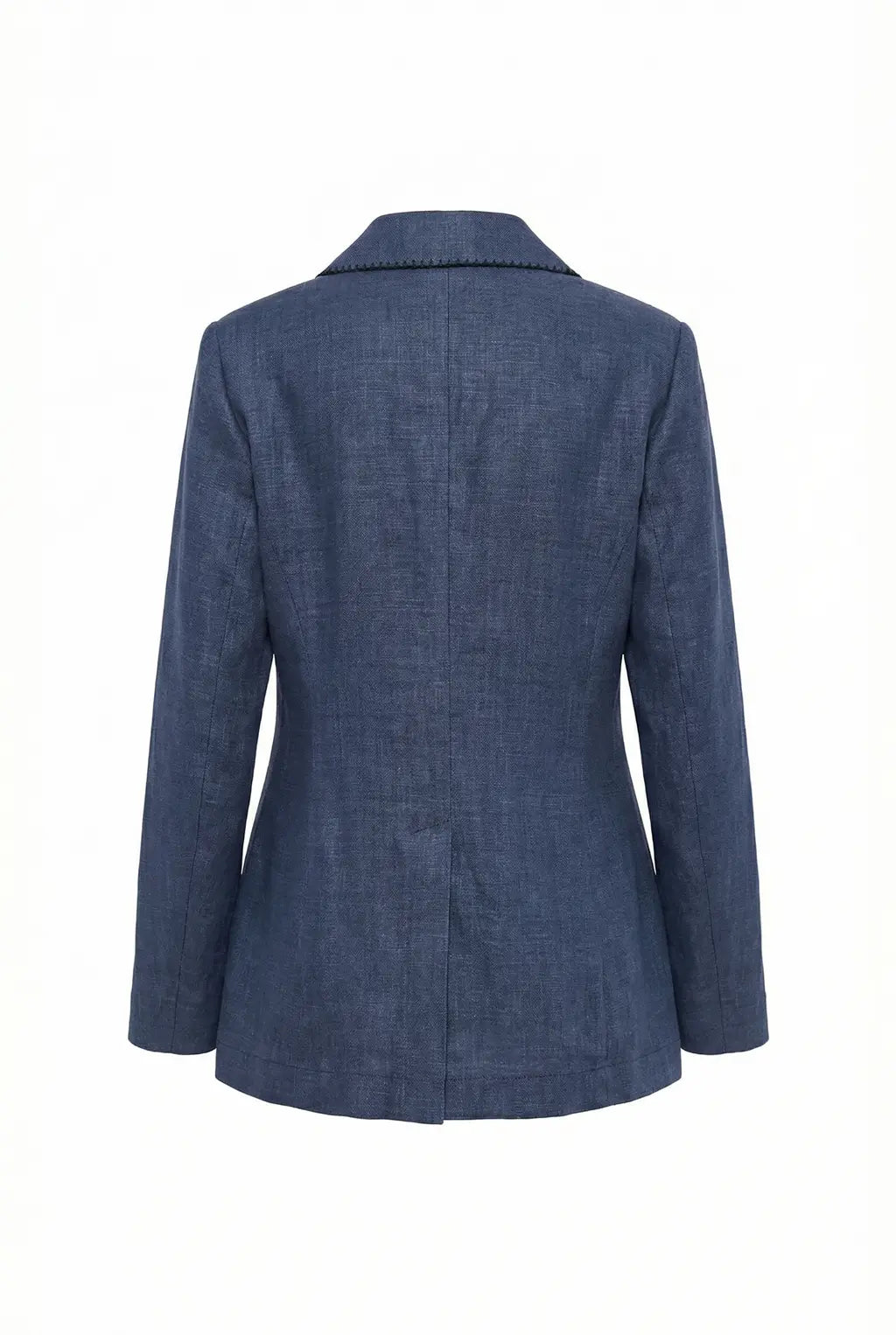 ayra store's beautiful women wearing luxury Air-Wash Indigo Linen Blazer | Denim-Effect Tailored Jacket & Pants