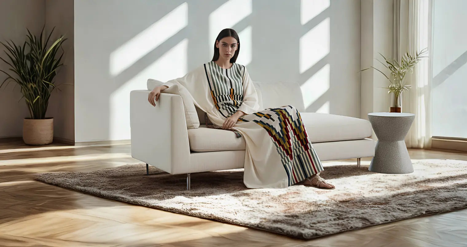A woman sits on a white chaise lounge in a bright, modern living room with strong sunlight and shadows. She is wearing a long cream dress with black vertical stripes and a multicolor striped throw blanket draped over the arm.