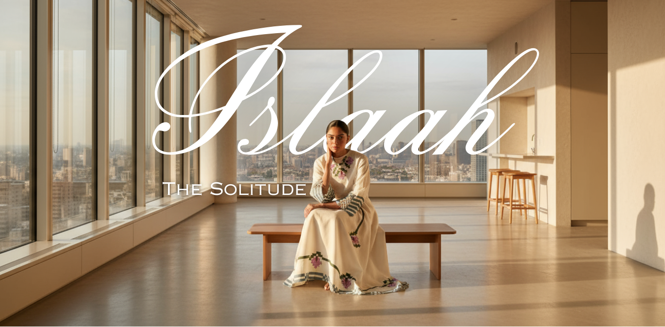 Woman sitting on a bench in a modern room with large windows, featuring the brand 'Islaah by ayra fashion'.