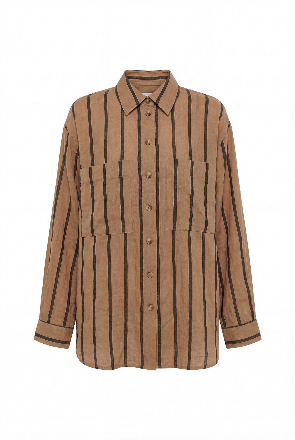 Brown and black striped shirt with pocket details on a white background
