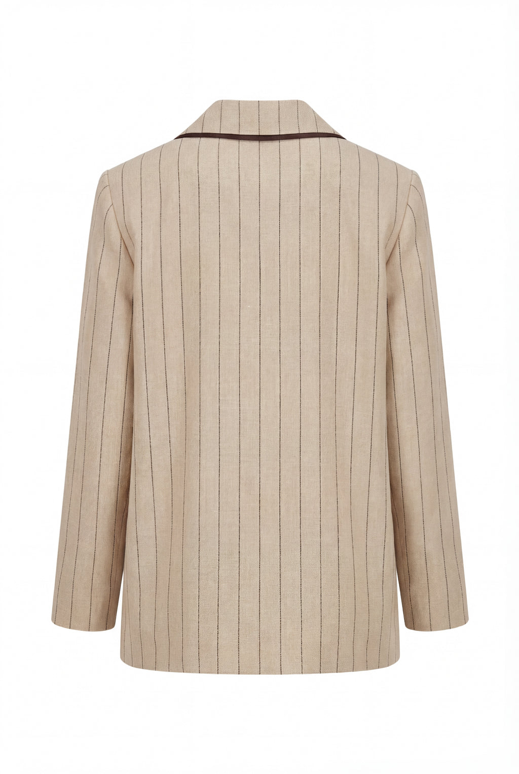 Beige pinstripe blazer on a white background