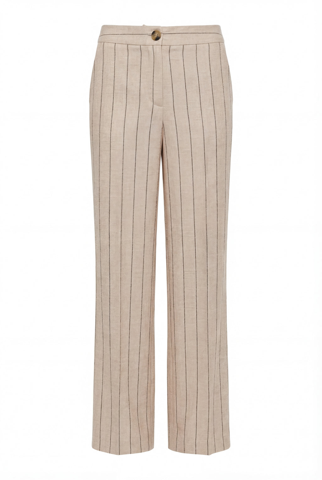 Beige pinstripe pants on a white background