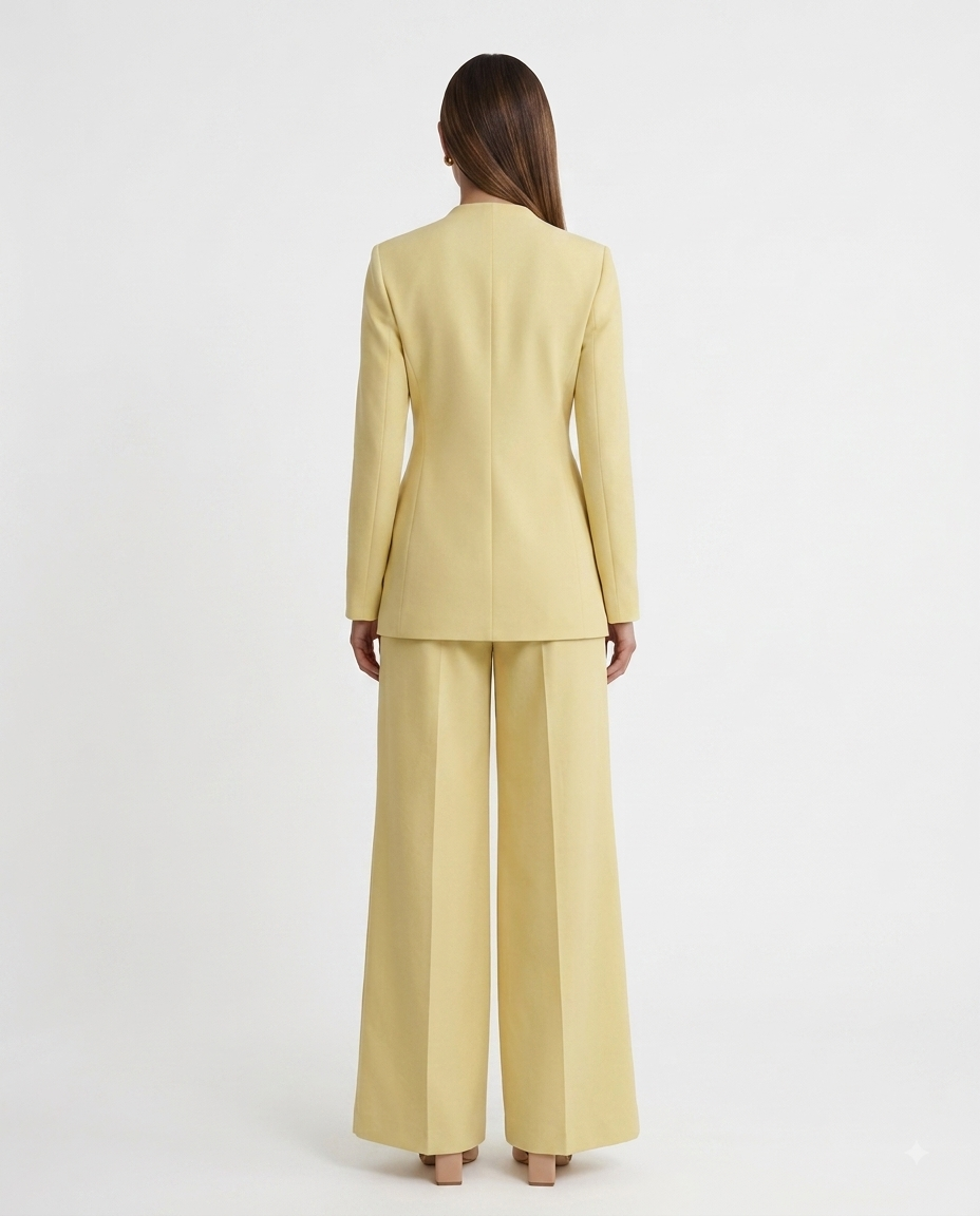 A woman viewed from the back wearing a light yellow tailored suit with a structured blazer and wide-leg trousers, photographed against a clean white studio background.