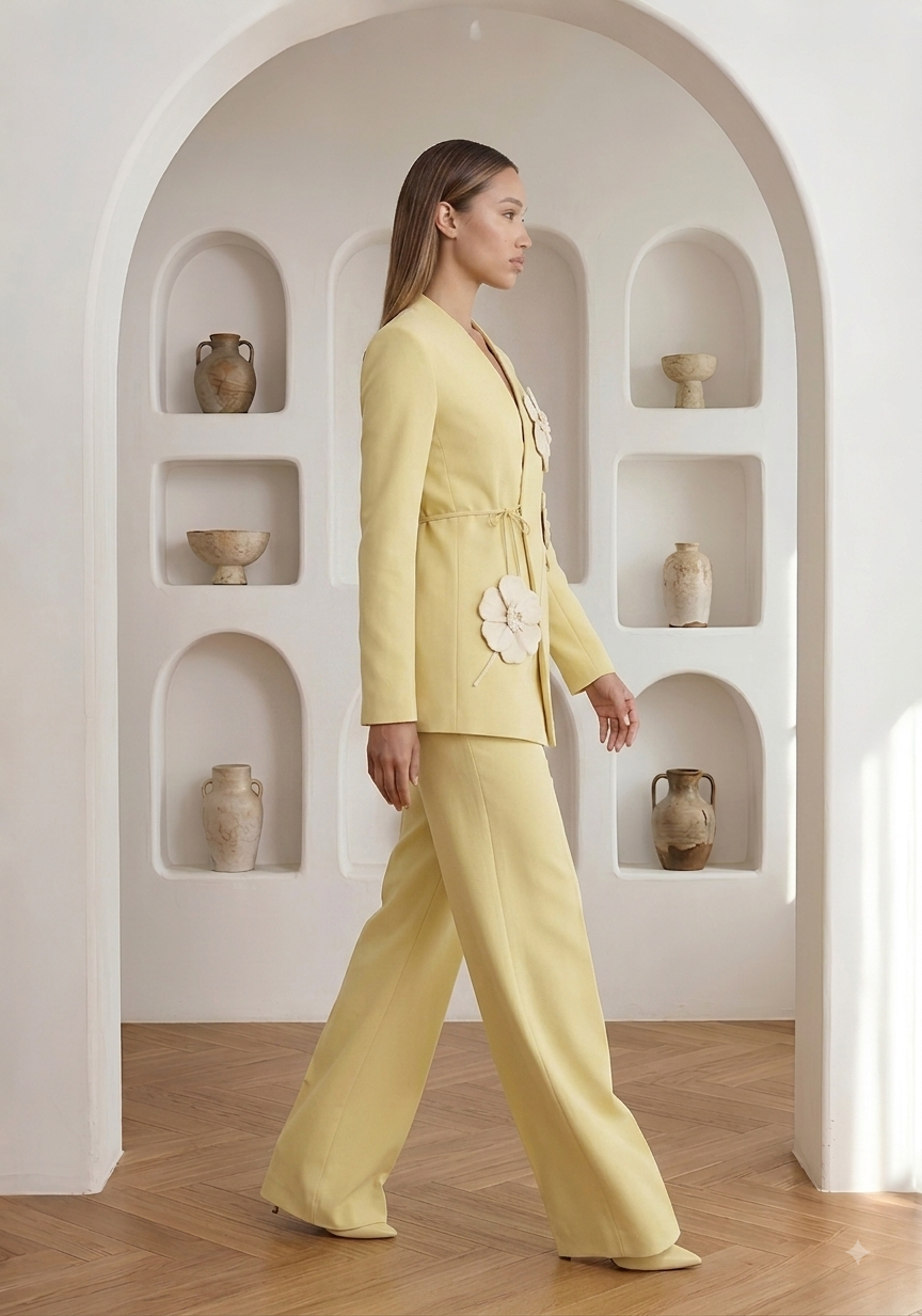 A woman models a light yellow two-piece suit with a tie waist and wide-leg trousers, walking in a minimalist white room with arched alcoves and wooden floors.