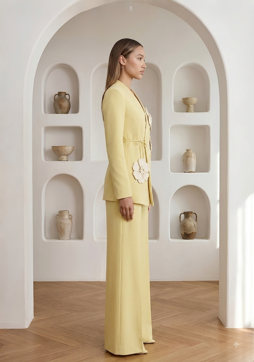 A woman stands in profile wearing a pale yellow tailored suit with a long blazer and wide-leg trousers. The blazer has a large floral applique detail on the side.