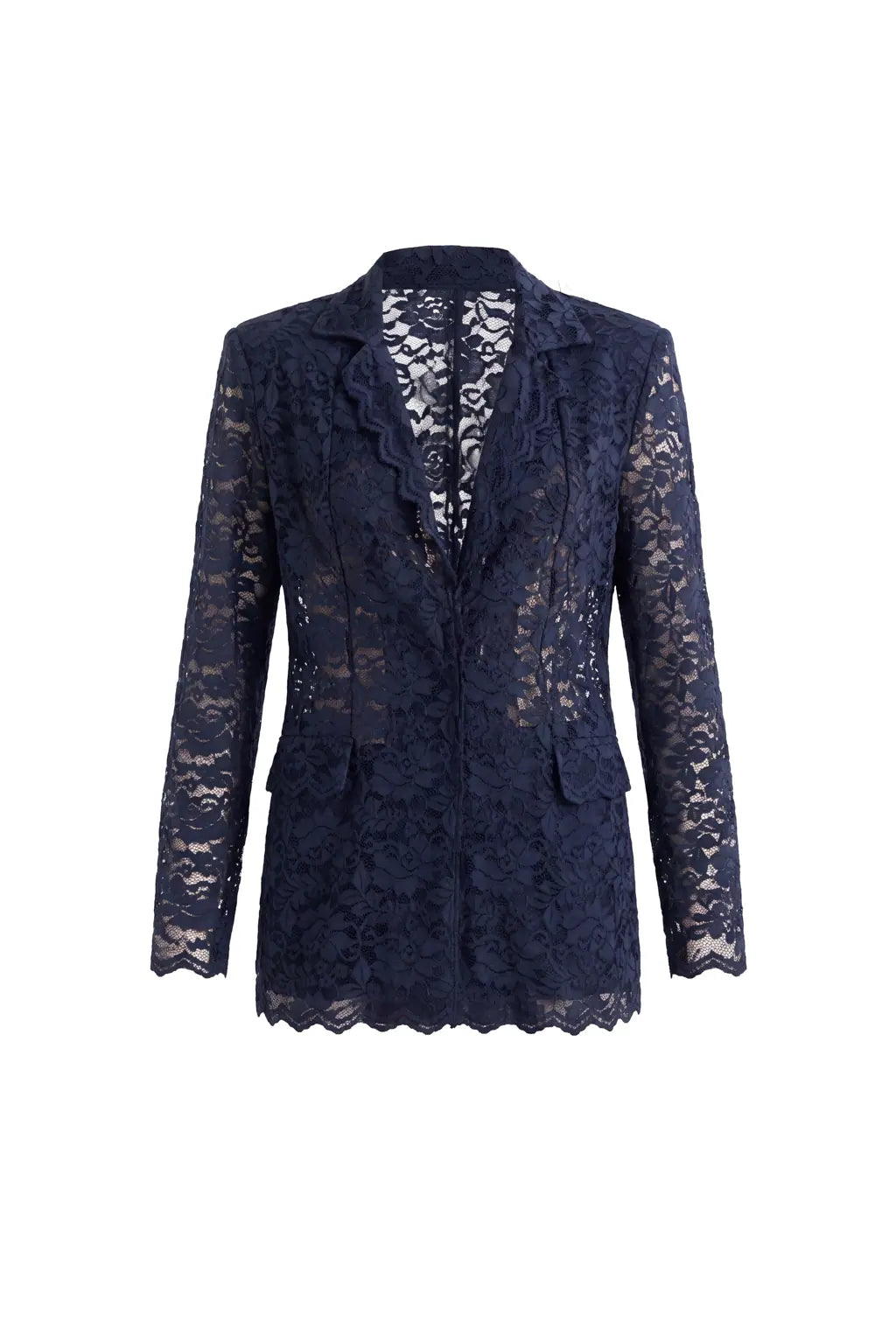 Ayra Store based in New York united states of America Woman wearing AYRA Vinyl Corded Lace Jacket with notched lapel and scalloped hem paired with fluid navy blue trousers