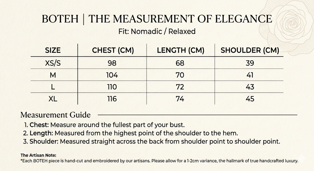 Measurement chart for Boteh clothing with size specifications and guidelines.