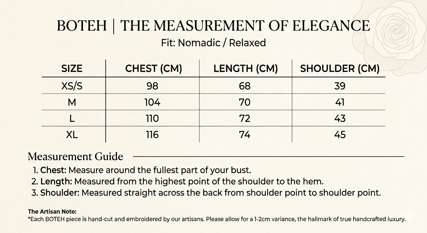 Measurement chart for Boteh clothing with size specifications and guidelines.