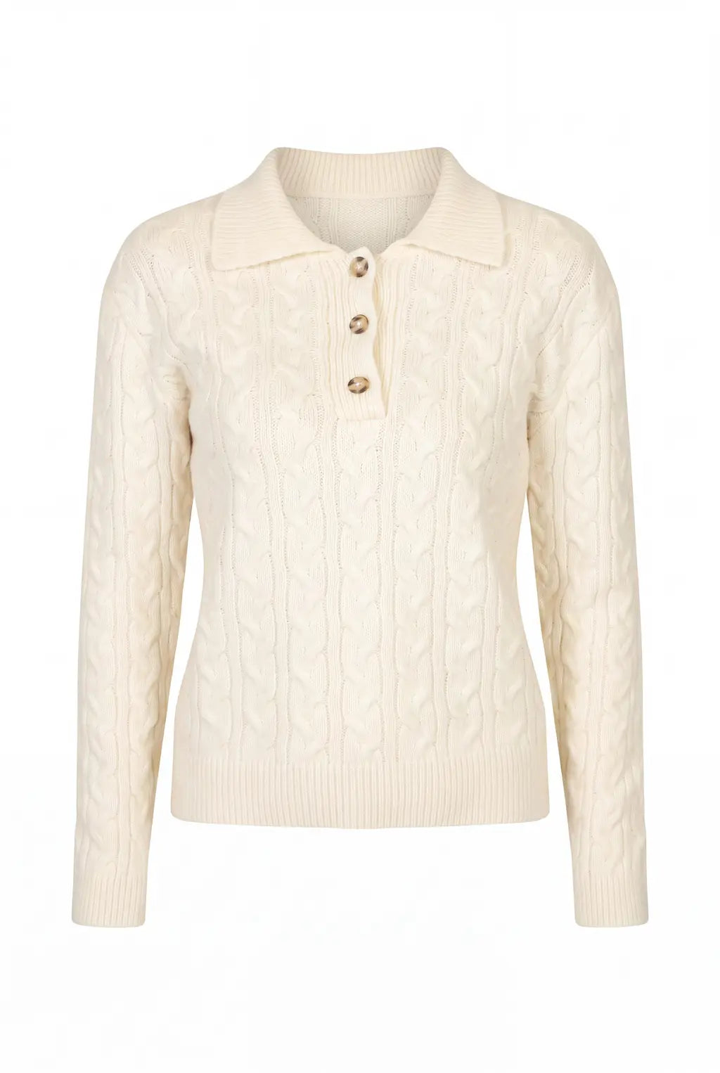 Woman wearing luxury ivory cotton polo jumper styled with tailored trousers - AYRA Store quiet luxury knitwear
