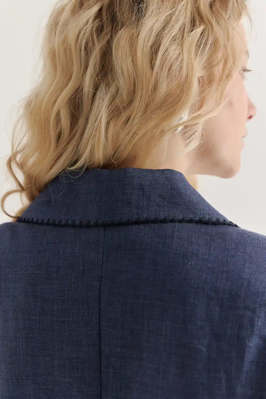 ayra store's beautiful women wearing luxury Air-Wash Indigo Linen Blazer | Denim-Effect Tailored Jacket & Pants