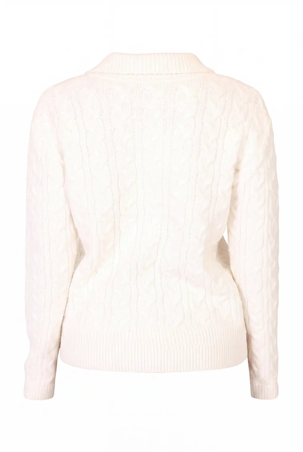 Woman wearing luxury ivory cotton polo jumper styled with tailored trousers - AYRA Store quiet luxury knitwear