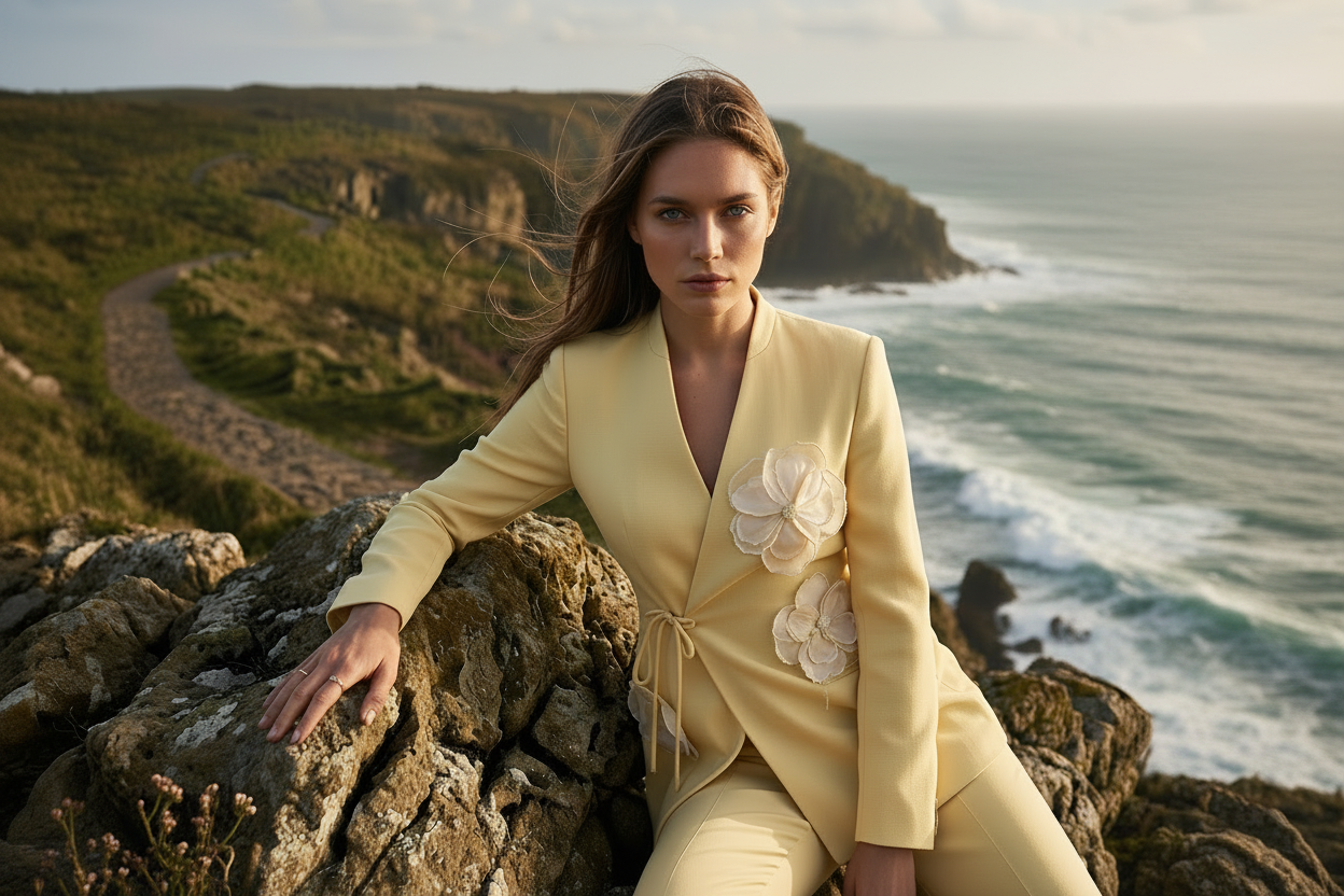 A woman wearing a pale yellow tailored jacket with large white floral appliqués sits on rocks by the ocean, with cliffs and sea visible in the background.