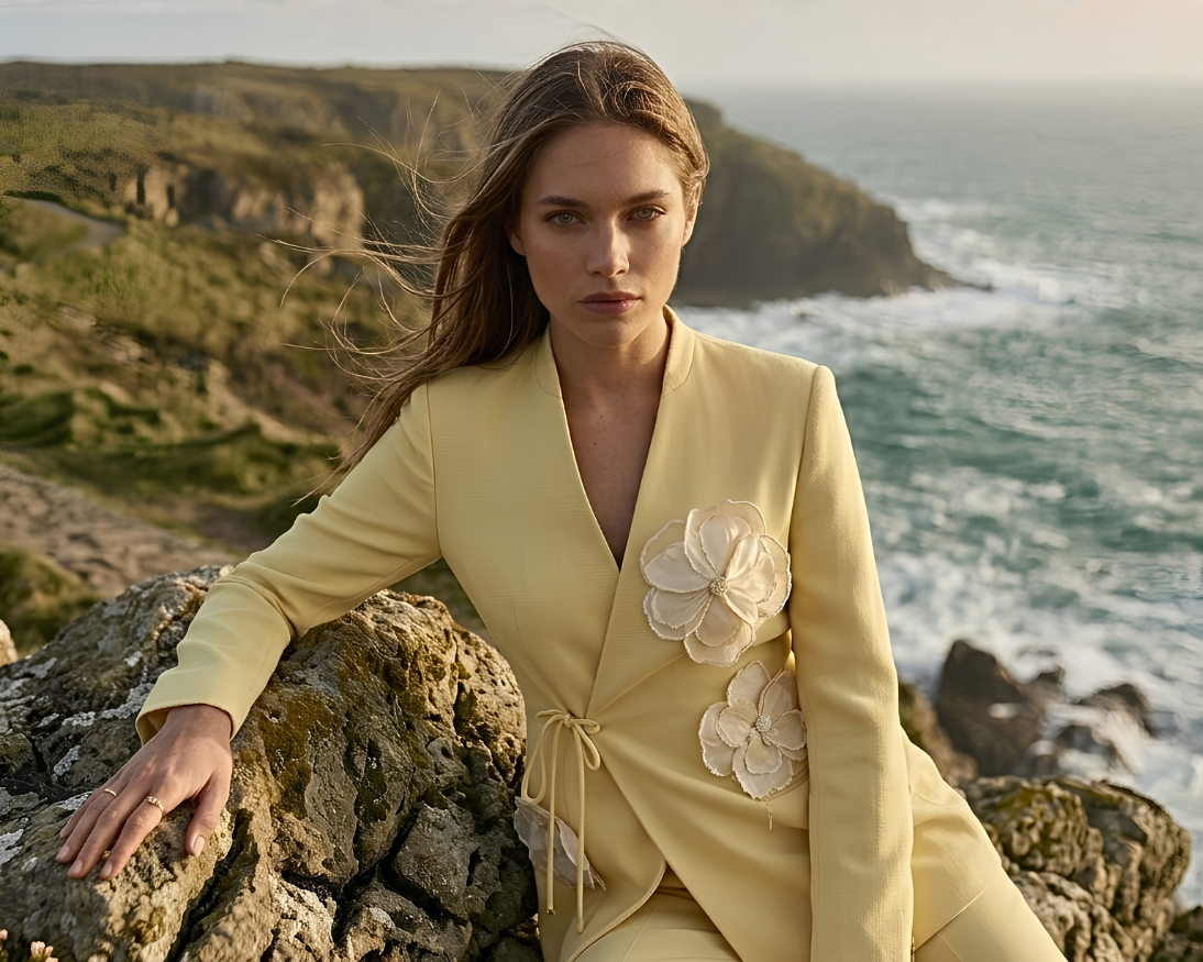 A woman wearing a pale yellow tailored jacket with large white floral appliqués sits on rocks by the ocean, with cliffs and sea visible in the background.