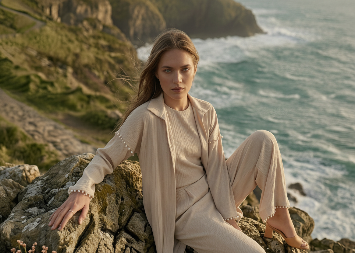 A woman models a matching beige linen lounge set consisting of a long-sleeve button-up shirt and trousers, styled with pearl embellishments on the cuffs and collar, set against a rugged coastal cliff background.