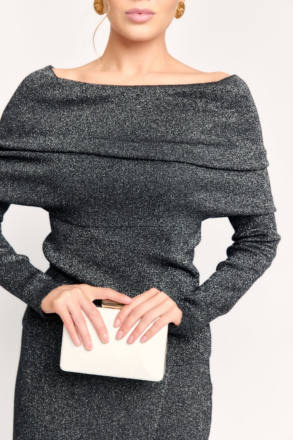 DEITY slate gray fitted long-sleeve shirt with a dramatic off-the-shoulder sculptural neckline.